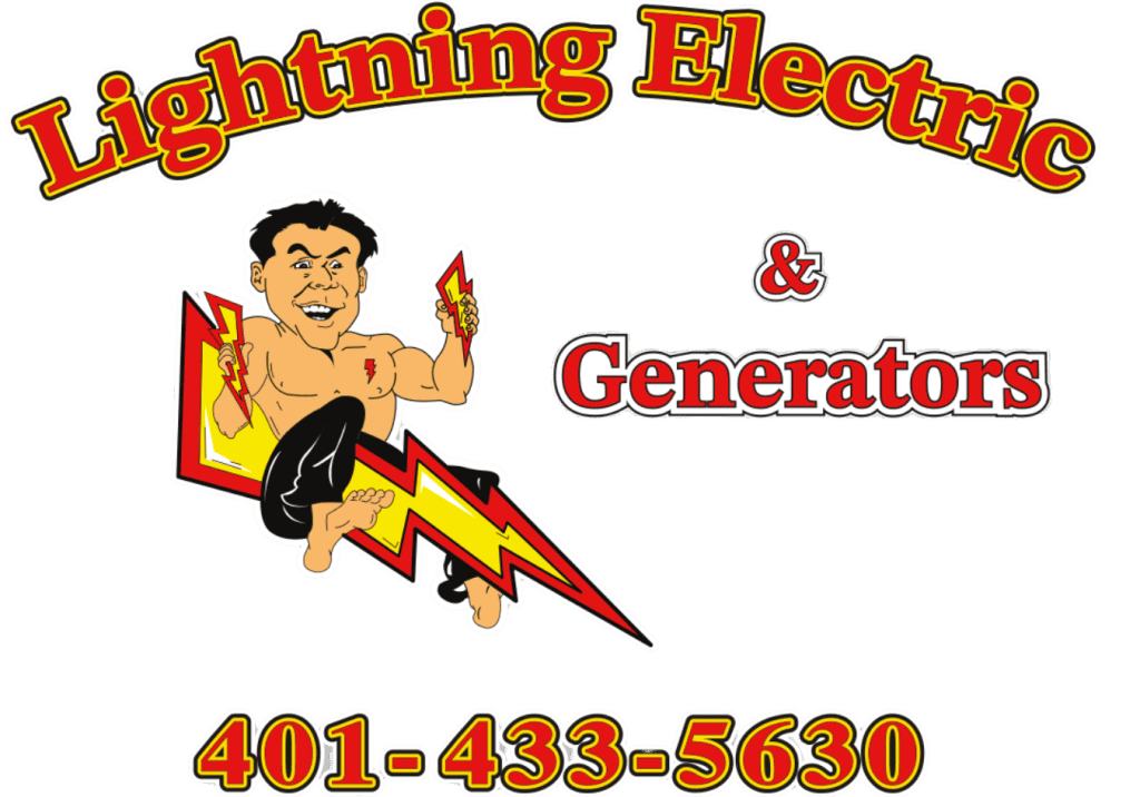 Logo for Lightning Electric & Generators features a cartoon man zapped by a red and yellow lightning bolt, highlighting top electricians Providence County, RI. Business phone number 401-433-5630 is shown in bold red and yellow text.
