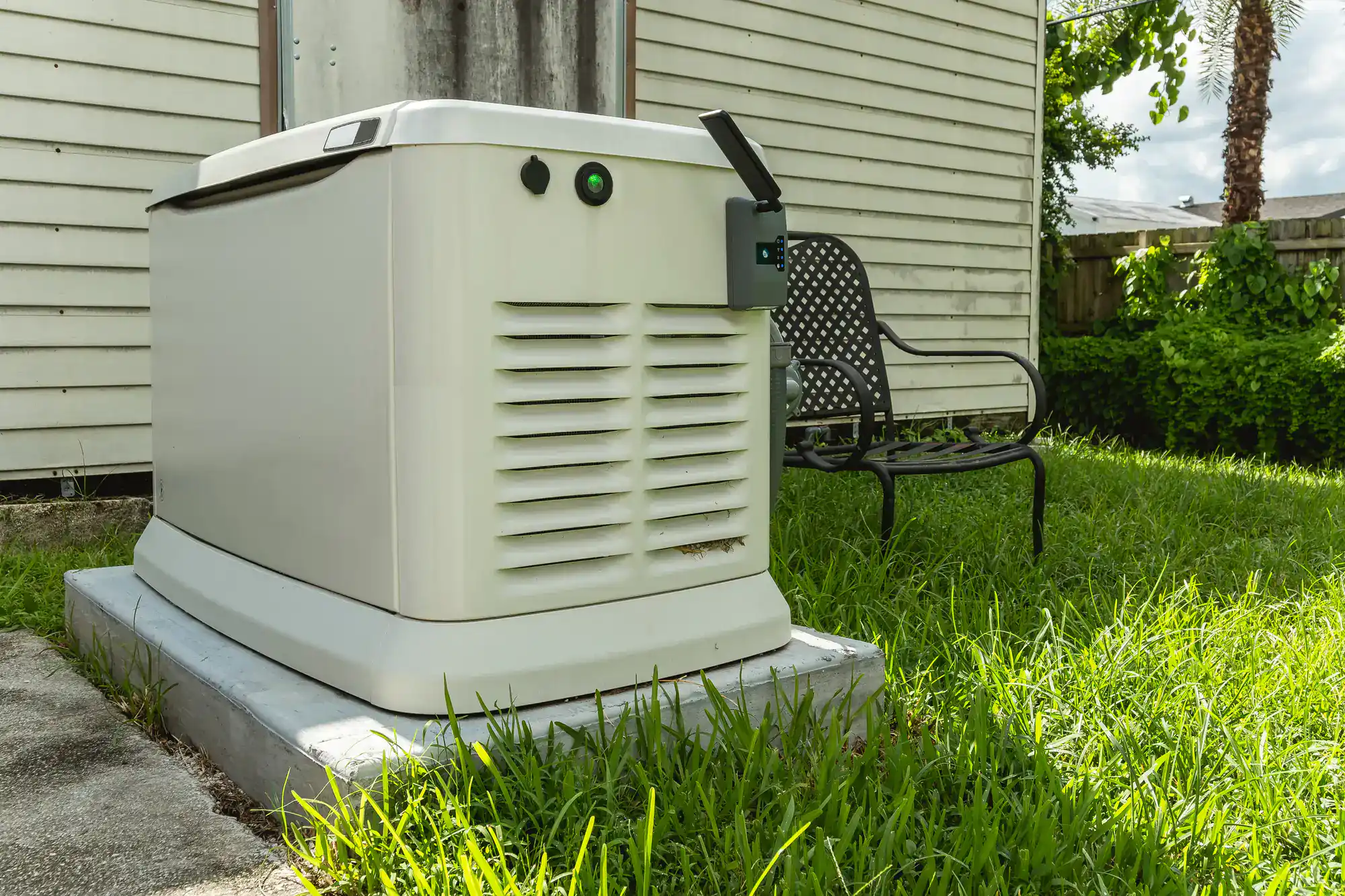 A standby home generator, installed by expert electricians in Rhode Island, sits on a concrete pad next to a house with white siding, a metal outdoor bench, and green grass nearby.